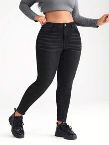 Firerie Pantalones de mezclilla negros elásticos y entallados de talla grande de 3/4