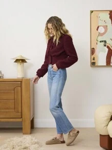 Aralina 纹理时尚短款纽扣圆领开衫