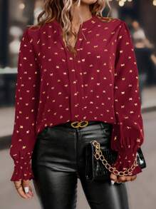 Plus Size V-Neck Long Sleeve Allover Print Casual Blouse - Burgundy - View 3