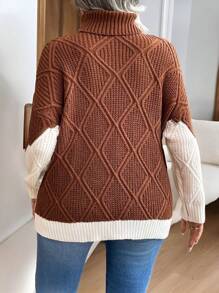 EMERY ROSE Plus Size Turtleneck Long Sleeve Textured Contrast Design Casual Comfortable Pullover Sweater, For Winter Knit Pullover Fall - Brown - View 2