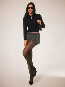 SHEIN Unity Women's Solid Color Keyhole Neck Crop Long Sleeve Top, Autumn,Turtleneck - Black - View 2