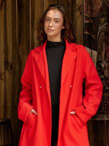 SHEIN LUNE Women's Solid Color Lapel Drop Shoulder Long Sleeve Double-Breasted Elegant Overcoat, Winter Fall Cloth For Women - Red - View 6