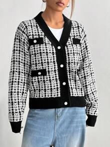 Flirla Cárdigan ancho informal de una hilera con manga larga a cuadros, otoño/invierno para mujer