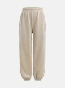 SHEIN Leap Crew 2pcs/Set Tween Girls' Casual Hoodie And Drawstring Sweatpants - Apricot - View 3