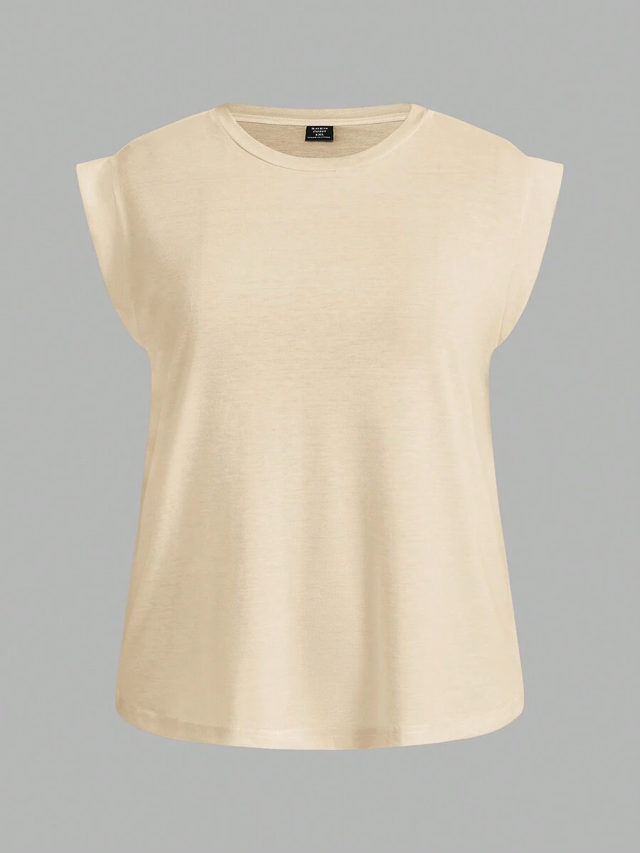 Slaydiva Plus Size Casual Solid Color Cropped Round Neck T-Shirt, Summer - Khaki - View 1