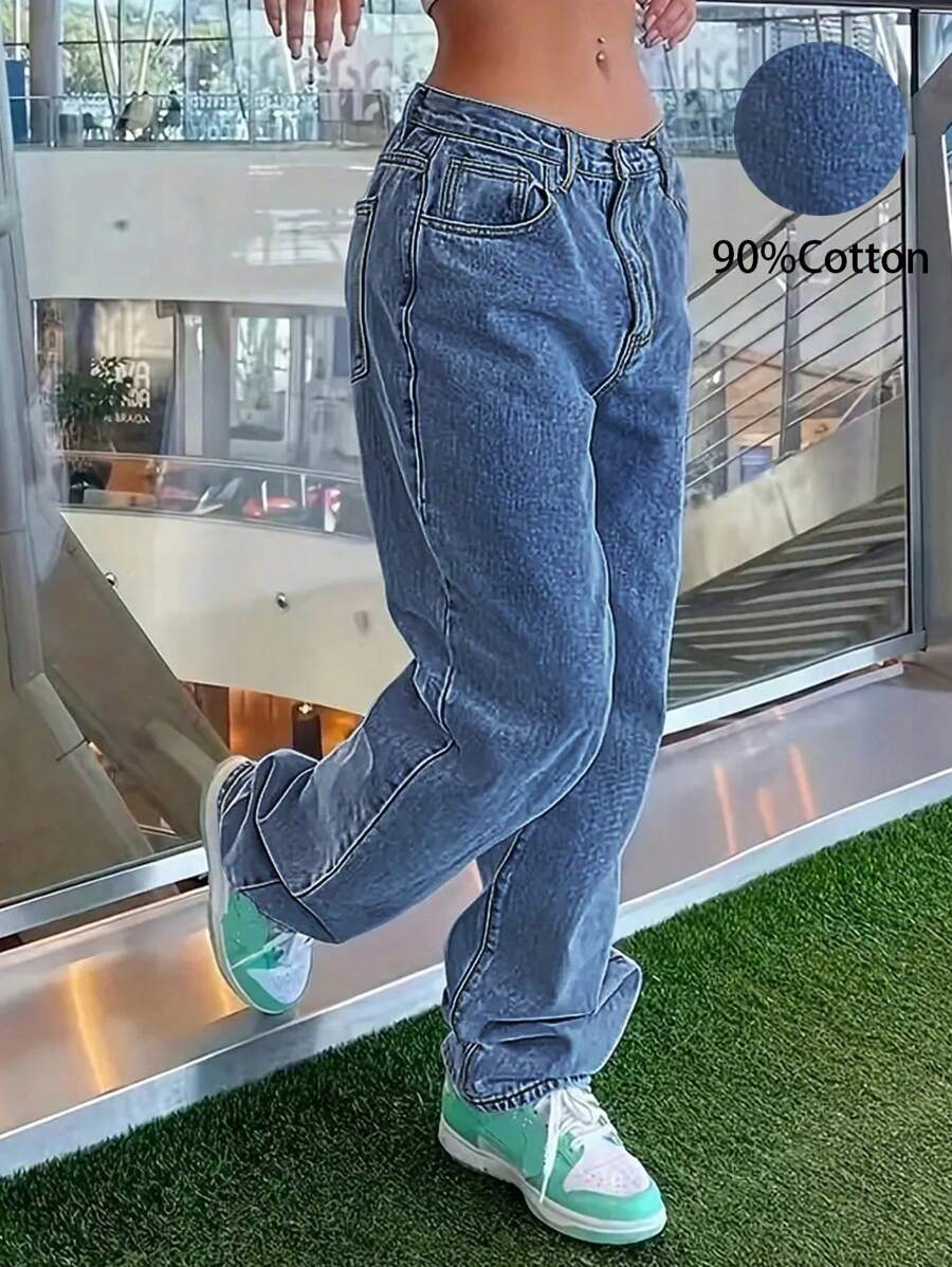 女士百搭休闲直筒牛仔裤，Y2K风格，四季皆宜 - 深色水洗藍 - 查看 1
