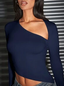 SHEIN BAE Women Nude Color Asymmetrical Hem Turtleneck Slim Fit T-Shirt - Navy Blue - View 6