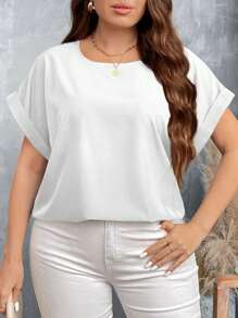 SHEIN LUNE 大码休闲纯色蝙蝠袖宽松上衣假日装 - 白色 - 查看 3