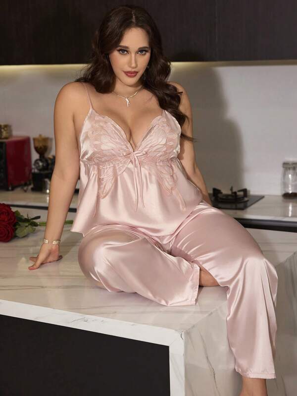 SilkySpell 1pc Plus Size Butterfly Embroidered Faux Silk Sexy Backless Camisole And Pants Pajama Set