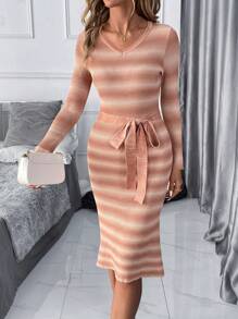 SHEIN Clasi V-Neck Long Sleeve Mid-Calf Fitted Women's Knitted Dress With Tie Waist, Autumn Winter Winter Dress Women Sweater Dresses Winter Women Dress - Multicolor - View 5