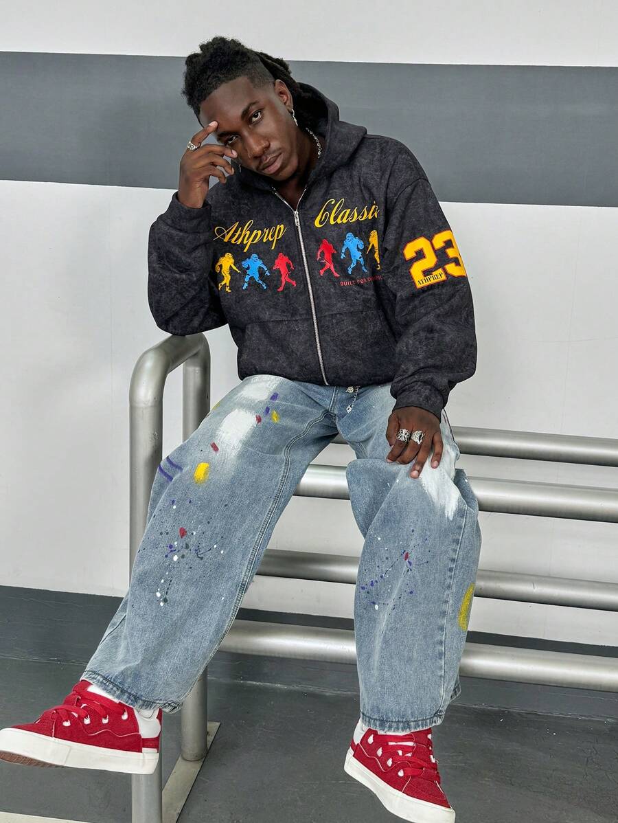 Manfinity VCAY Men's Loose Print Knitted Long Sleeve Sweatshirt, For Fall Winter - Grey - View 1