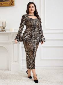 Modelyn Plus Size Leopard Print Keyhole Neckline Ruched Long Sleeve Dress Long Evening Dresses - Multicolor - View 5