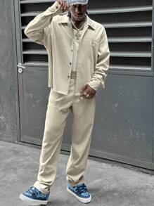 Manfinity VCAY Men's Loose Letter Print Long Sleeve Shirt And Pants Casual 2 Pieces Set