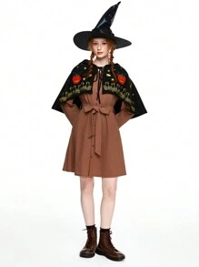 ROMWE Fairycore Giacca con cappuccio con decorazioni ricamate di Ognissanti per donne - nero - Visualizzare 3