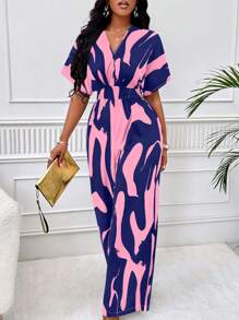 VaVaBold Fashionable Colorblock Print Butterfly Sleeve Jumpsuit - Blue - View 1