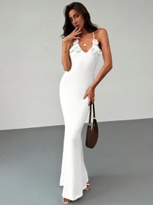 Aloruh Apricot Tight Halter Backless Summer Knitted Floral Pattern Dress, Perfect For Romantic Dates & Holidays - White - View 7