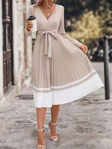 SHEIN Clasi Women's Elegant Fitted Knit V-Neck Contrast Color Pleated Hem Dress Maxi Women Outfit - Apricot - View 6