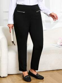 Pantalones elegantes de oficina de pierna recta con cremallera y unicolor para mujer de talla grande - Negro - Ver 5