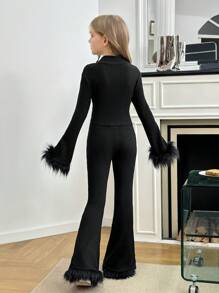 SHEIN Tween Girls Ribbed Mock Neck Long Sleeve Top And Flared Pants 2pcs Set - Black - View 2