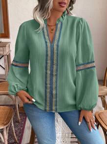 EMERY ROSE Plus Size Casual Vacation Frill Notch Neck Lantern Sleeve Contrast Lace Blouse Fall Cloth For Women - Mint Green - View 6