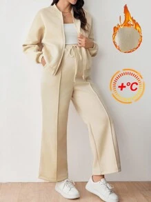 SHEIN Maternity Women 2-Piece Set: Zip-Front Baseball Jacket And Drawstring Waist Pants, For Fall Season - Apricot - View 1