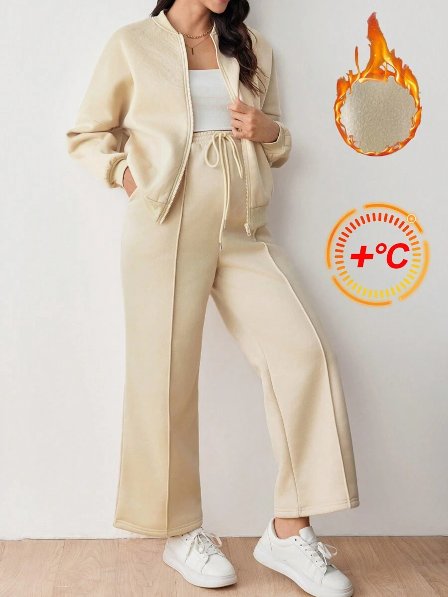 SHEIN Maternity Women 2-Piece Set: Zip-Front Baseball Jacket And Drawstring Waist Pants, For Fall Season - Apricot - View 1