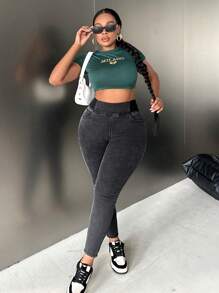 Slaydiva Plus Size High Waist Stretchy Black Skinny Fit Jeans - Black - View 5