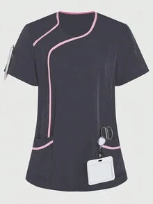 SHEIN TaskFit Women Color Block Trim Short Sleeve Top, Scrub Tops,Women's V-Neck Multi-Pocket Work Uniform Coat Tops, Women's Health Examination Surgical Uniforms, Pet Grooming, Dental Masseur Clothing, Studio Fashion Women's Work Uniforms, Nutritionist Work Clothes, Laboratory Work Clothes, Women's Tops, Multi-Pocket Functional Work Clothes, Tops With Buttons On The Collar For Easy Wearing And Taking Off, Functional Women's Clothing For Christmas, New Year And Valentine's Day, Winter And Spring Women's Clothing - Grey - View 7