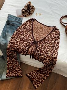 SHEIN EZwear Lightweight Leopard Print Knitted Cardigan, Spring Summer - Brown - View 7