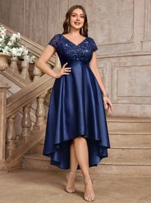 Abendkleid mit V-Ausschnitt, Spitze, Pailletten-Einsatz, Kontrastsatin, A-Linie Saum mit hohem/niedrigem Saum, für Abendpartys, Proms, Hochzeitsgäste, Silvester, Geburtstage, Homecoming, Festivals