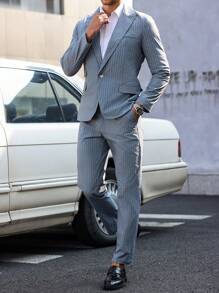 Manfinity Bizformal Men Stripe Pattern Formal Business Casual Notched Collar Suit Jacket And Pants Set - Grey - View 3