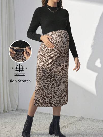 SHEIN 孕妇两件套 - 立领黑色长袖上衣和可调节腰部豹纹侧开衩紧身裤