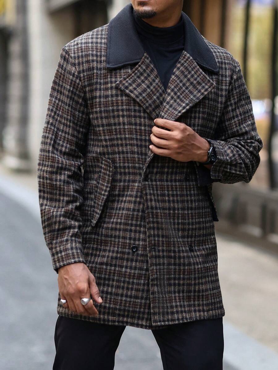 Manfinity Homme 男士休闲格子领双排扣大衣，秋季，风衣男士外套，男士大衣，秋冬男士衣服，冬季男士大衣 - 彩色 - 查看 1