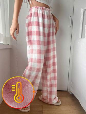 DAZY Coral Fleece Plaid Patterned Fuzzy Fleece Straight Cozy Pants Loungewear Fall, Winter Fluffy