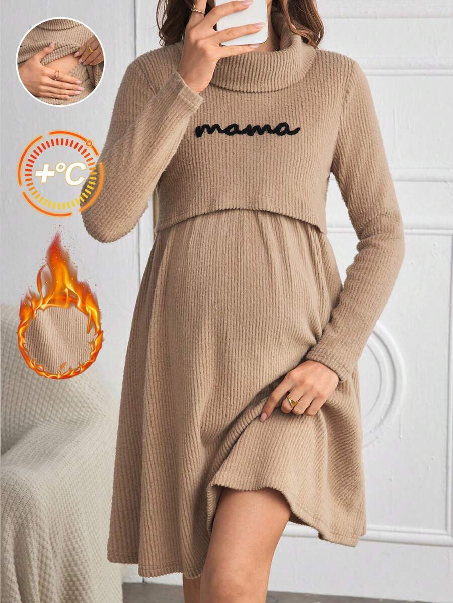 SHEIN Maternity Nursing Embroidered Letter Graphic Turtleneck Long Sleeve Dress, Fall, For Winter