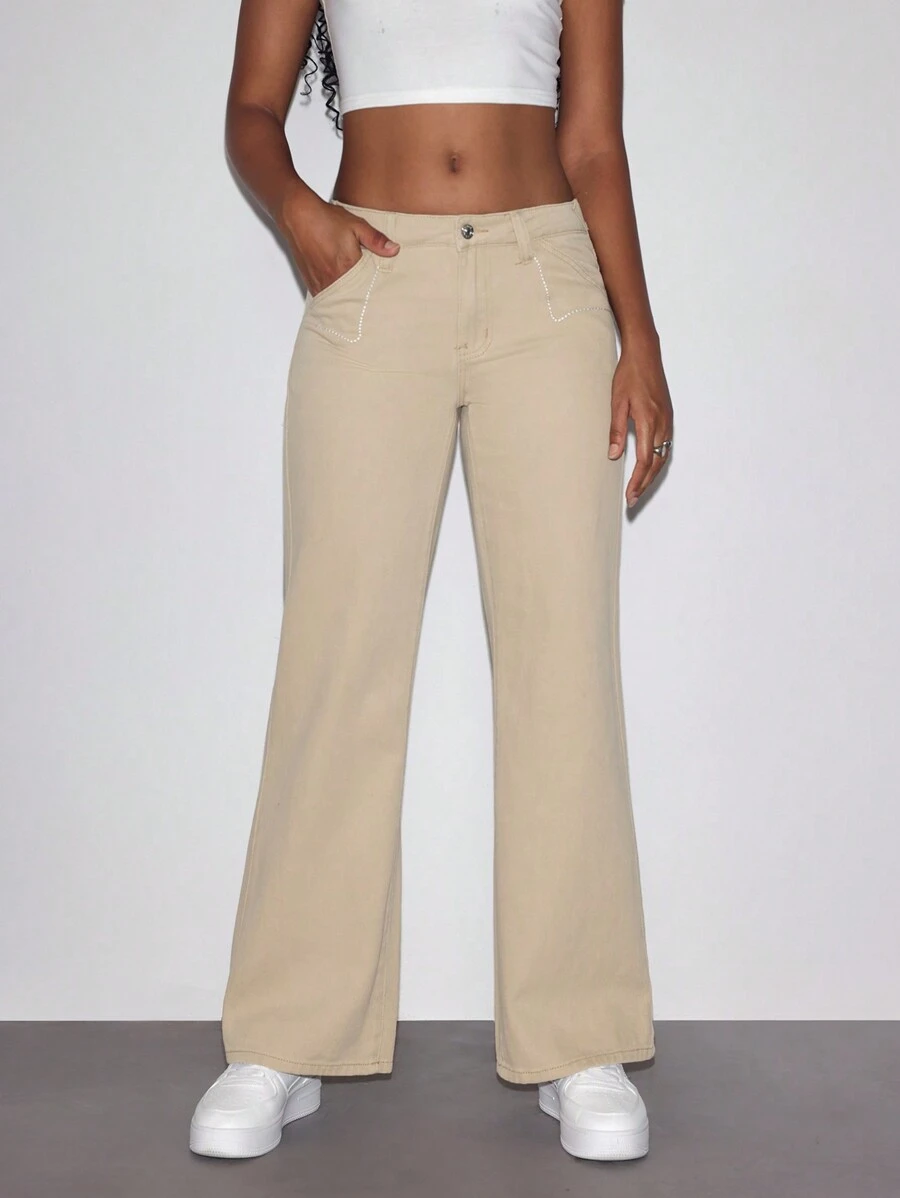 Quần Jeans Denim Dáng Thẳng Đơn Giản Cho Nữ - Màu Khaki - Xem 1