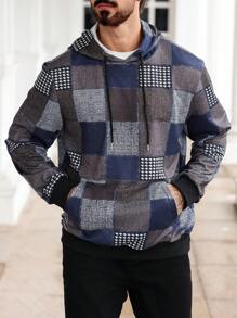 Manfinity Homme 大码男式格子印花连帽衫，带口袋，长袖运动衫 - 彩色 - 查看 4