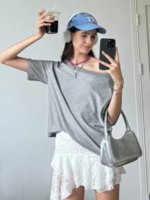 INAWLY Women's Solid Color Minimalist Off Shoulder T-Shirt