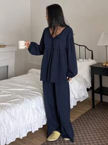DAZY Plain Ruffle Trim Loose Pajama Set - Blue - View 1