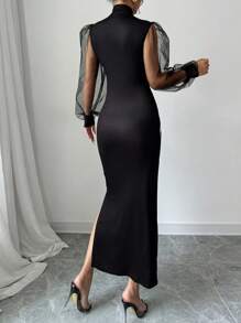 Firerie 女士花卉印花立领网纱灯笼袖优雅中长连衣裙 - 黑色 - 查看 2