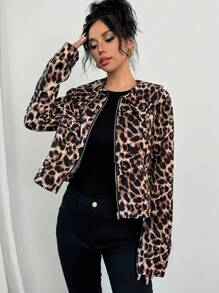 SHEIN Privé Chaqueta abotonada con manga larga, cuello vuelto y estampado de leopardo retro de moda casual para mujer, otoño/invierno - Multicolor - Ver 2