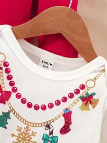 SHEIN 3 piezas Bodys con volantes y estampado navideño para bebé niña - Rojo y blanco - Ver 6