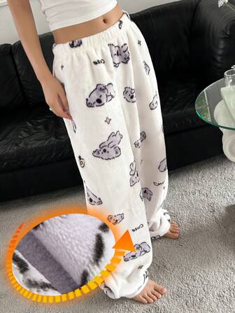 DAZY Pantalones suaves y esponjosos con estampado de koala, forrados de felpa para otoño e invierno