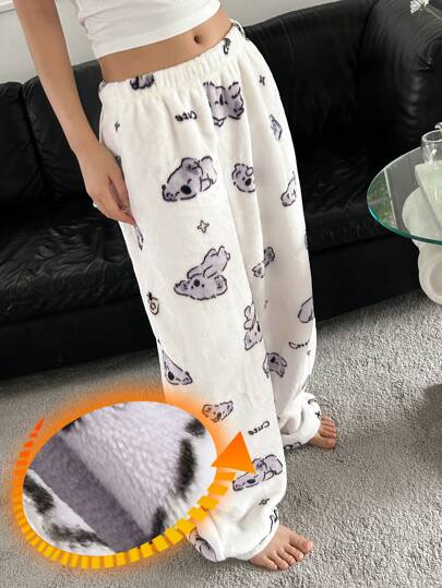 DAZY Cute Koala Print Soft Flannel Fluffy Sleep Pants, Thermal Lined Fall, Winter, Cozy