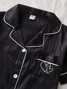 青少年女孩睡衣套装 - 简约条纹缎面面料短袖开衫配短裤，休闲家居服 2 件套