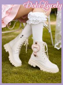 Dola Lovely Women's Fashionable & Elegant Casual Round Toe Lace-Up Side Zipper Sexy Heart & Bow Decor Classic British Style Thick-Sole Beige Ankle Boots
