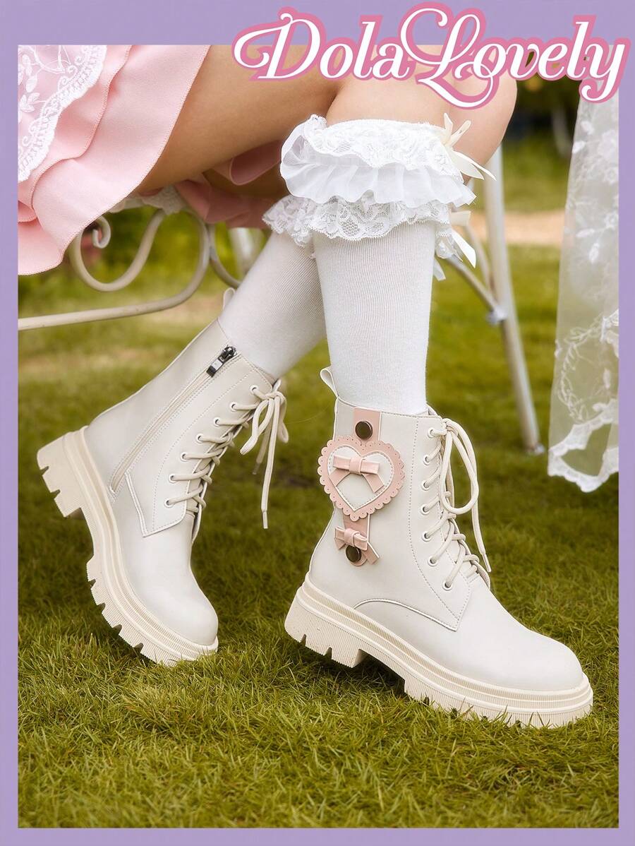 Dola Lovely Women's Fashionable & Elegant Casual Round Toe Lace-Up Side Zipper Sexy Heart & Bow Decor Classic British Style Thick-Sole Beige Ankle Boots