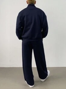 DAZY Men's Letter Graphic Zipper Front Minimalist Sweatshirt And Pants Casual Set Autumn - Navy Blue - View 2