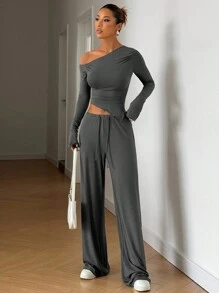 SHEIN EZwear 2 件套女士休闲纯色不对称长袖上衣和裤子套装，春秋 - 灰色 - 查看 6