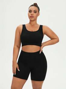 SHEIN Sports Plus Size Solid Color & And Shorts, Stretchy Sports Set - Black - View 4